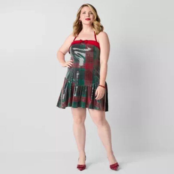 Plaid Strapless Mini Dress Sequins - Picture 2 of 5